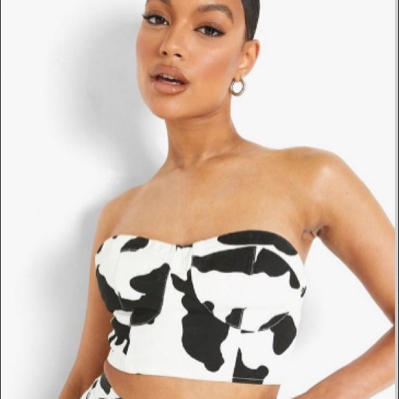 Cow Print Corset Top. Black and white denim. - Picture 1 of 6
